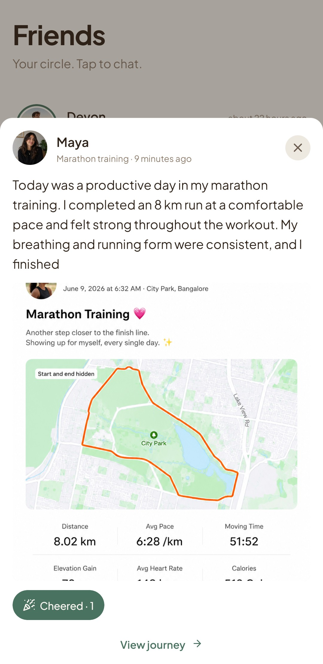A daily marathon-training update with a route map, stats, and a cheer